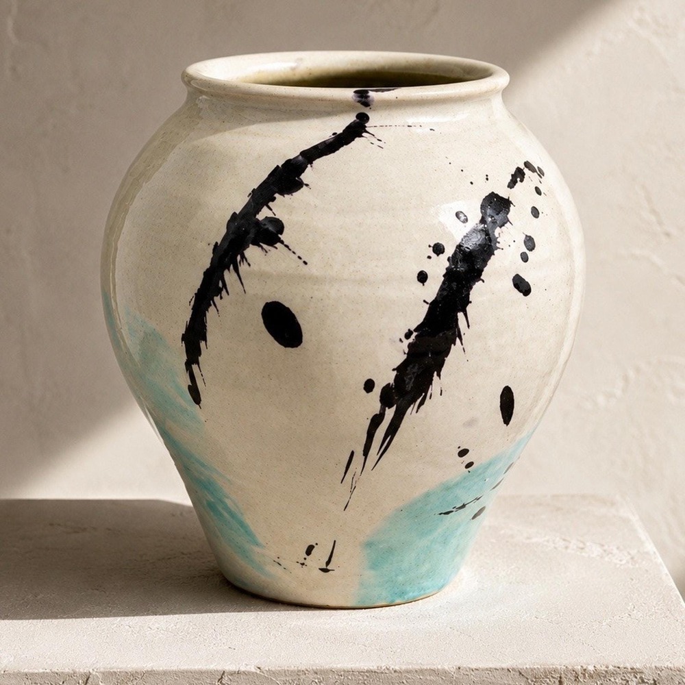 Vintage Studio Pottery Vase 7in White Blue 1980s Abstract Splatter Vase